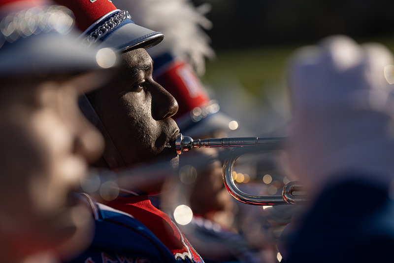Image of Black trumpet player with KU's marching band.